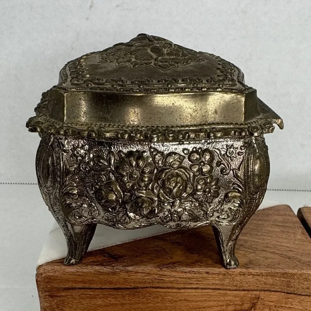 Vintage Ornate Rococo Silver Jewelry Casket with Red Lining